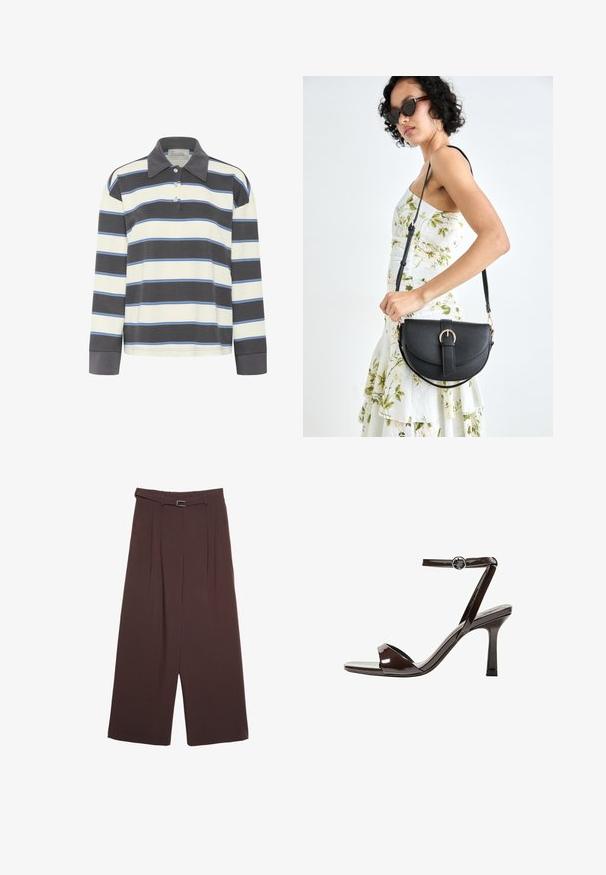 Poloko s dlhým rukávom v námorníckej modrej a bielej vodorovnej pruhovanej vzore s svetlomodrými akcentmi. Disponuje golierom a zapínaním na tri gombíky.; Stradivarius WIDE-LEG WITH BUCKLE DETAIL - Nohavice - dark brown; Hnedé lakované sandále na vysokom opätku s remienkom okolo členka, otvorenou špičkou a elegantným, minimalistickým dizajnom. Obsahujú štvorcovú pätu.; Čierna kožená kabelka s zaobleným tvarom, odnímateľným popruhom a zlatými doplnkami. Kabelka má klopu s detailom s prackou.