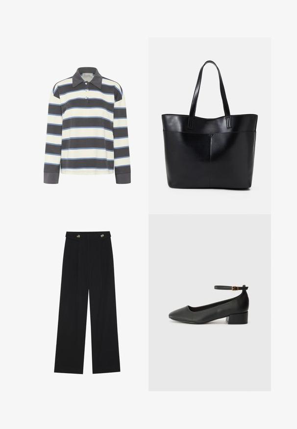 Poloshirt met lange mouwen in marineblauw en witte horizontale strepen met lichtblauwe accenten. Beschikt over een kraag en een knoopsluiting met drie knopen.; Zwarte wijde broek met hoge taille, knoopdetails op de tailleband en plooien aan de voorkant.; Zwarte leren pump met een spitse neus en een lage blokhak. Beschikt over een enkelband met een goudkleurige gespsluiting. Gladde textuur.; Zwarte leren tote bag met twee lange handvatten, een zachte textuur en een gestructureerde vorm. Voorzien van een voorvak voor extra opslagruimte.