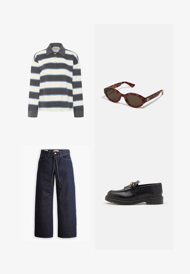 Pitkähihaisessa t-paidassa on tummansinisiä ja valkoisia Vaakaviivoja vaaleansinisillä yksityiskohdilla. Paidassa on kauluksellinen kaula-aukko ja kolme napinläpeä.; Korkeavyötäröiset tummansiniset leveälahkeiset farkut, joissa on narunauhakuja, viisi taskua ja kontrastiväriset ompeluseikat.; Musta nahkainen loaferi pyöreällä varvalla, koristeellisella fringellä ja kultaisilla yksityiskohdilla. Paksu kumipohja lisää pitoa ja kestävyttä.; Kilpikonnakuosiset aurinkolasit pyöreillä sangoilla, tummat linssit ja kultaiset logodetaljit sangoissa. Sujuva muovimateriaali, ei näkyviä kuvioita.