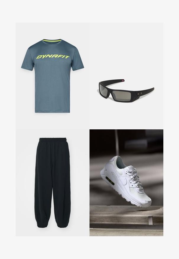 Modra športna majica s kratkimi rokavi z neonsko rumeno blagovno znamko "DYNAFIT" čez prsi, krožni ovratnik in kontrastno rumeno obrobo notranjega ovratnika.; Črne, elastične hlače za prosti čas z ohlapnim krojem, manšetami na gležnjih, gladko teksturo in brez vidnih vzorcev ali dodatkov.; Bela Nike Air Max 90 športna obutev z mrežastim in usnjenim zgornjim delom, perforiranim prstnim delom in vidno zračno enoto v peti.; Crne sončne naočale s mat površinom, pravokutne leće, blagi luk na sljepilima, diskretna oznaka i leće sa dimnim nijansama.