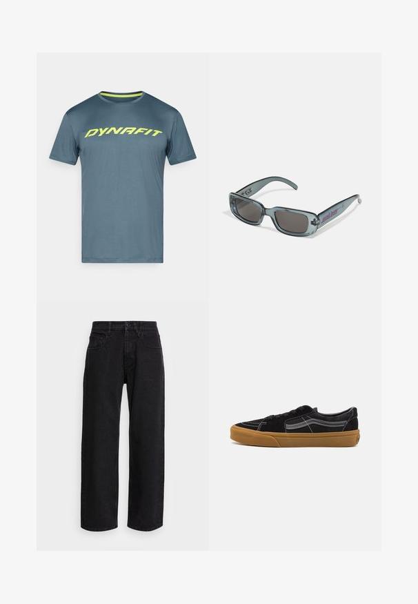 Camiseta deportiva de manga corta azul con el logo en neón amarillo "DYNAFIT" en el pecho, cuello redondo y ribete interior del cuello en amarillo de contraste.; Pantalones de mezclilla anchos negros con cintura alta, que cuentan con cinco bolsillos y un cierre de botón. La tela tiene una textura suave y un ligero estiramiento.; Zapatillas de ante negro con costuras blancas y franja lateral distintiva, que presentan una suela de goma marrón y un diseño de corte bajo. Atadas con cordones negros.; Santa Cruz INFERNO UNISEX - Gafas de sol - crystal black