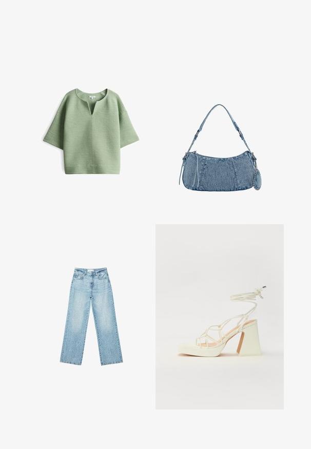 Hellgrüner, strukturierter Oberteil mit V-Ausschnitt und kurzen, breiten Ärmeln. Hergestellt aus einem weichen Material mit einem subtilen, gerippten Muster.; Helle blaue Denim-Jeans mit weitem Bein und hoher Taille, im lässigen Look mit einem ausgewaschenen Finish und kleinen, verstreuten Used-Effekten.; Weiße High-Heel-Sandale mit einem klobigen Absatz, die über ein Riemchendesign und ein Knöchelband verfügt. Glatte Textur mit einer Plattform vorne für zusätzliche Höhe.; Denim-Handtasche mit geschwungener Form, hellblauer Farbe, verstellbarem Schultergurt und einem kleinen abnehmbaren Täschchen mit metallischen Akzenten.