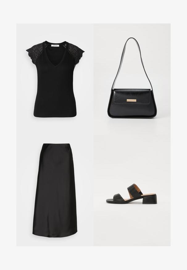 Black short-sleeve top with a V-neck design. Lace accents on sleeves feature a floral pattern. Ribbed texture throughout the body.; Black satin midi skirt with a smooth texture, A-line shape, and a subtle sheen. Features a sleek, uncomplicated design without embellishments.; Black leather sandal with two wide straps across the foot, a square toe, and a low block heel. Smooth texture and minimal design.; Black leather handbag with a structured triangular shape, slim strap, and gold-tone hardware featuring a logo plaque on the front flap.