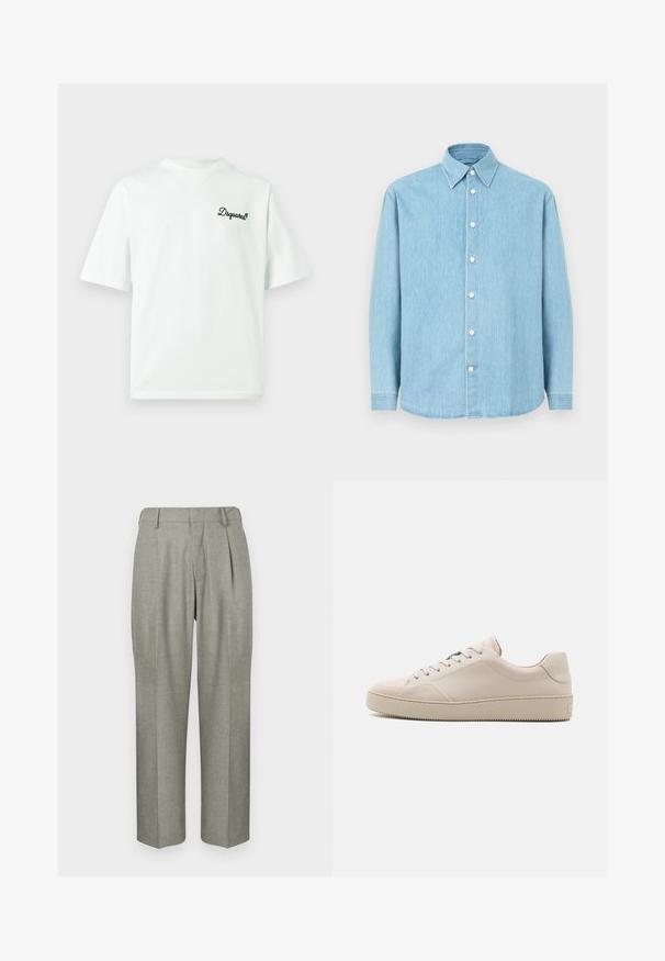 Wit T-shirt met korte mouwen en een ronde hals, voorzien van een klein geborduurd logo in donkergroen op de linkerborst. Gemaakt van katoen.; Lichtblauwe denim overhemd met lange mouwen, knoopsluiting en spitse kraag, weergegeven tegen een effen achtergrond.; Lichtgrijze broek van een gestructureerde stof. Kenmerkt zich door een rechte pasvorm, plooien aan de voorkant en een platte tailleband.; Beige leren sneakers met een gladde afwerking, ronde neus, platte zool en klassiek vetersluiting ontwerp. Subtiele stiksels en een gestructureerde buitenzool.