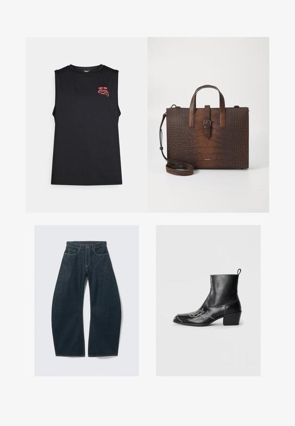 Black sleeveless tank top with red stylized "Karma" text and abstract eyes graphic on the upper left chest.; Short-sleeve button-up shirt with navy and white gingham pattern and irregular black abstract graphic lines across front and sleeves.; Dark blue wide-leg jeans made from denim, featuring five pockets, visible stitching, a button closure, and a clean finish.; Black leather ankle boots with a square toe, decorative stitching, and a low block heel. Features a pull tab for easy wear.; Brown crocodile-embossed leather handbag with top handles and a detachable shoulder strap. Features a buckle closure and rectangular shape.