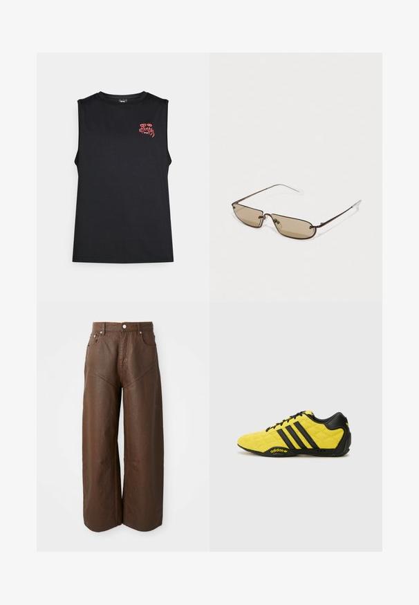 Melna bez piedurknēm tank top krekls ar sarkano stilizēto "Karma" tekstu un abstraktiem acu grafikiem augšējā kreisajā krūšu daļā.; Plaši brūni ādas bikses ar piecām kabatām un pogu aizdari, izliktas uz vienkārša baltā fona.; adidas Originals ADIRACER UNISEX - Sporta apavi - yellow/core black/core black; Brūnas metāla taisnstūra saulesbrilles ar brūniem tonētiem objektīviem un plānām, caurspīdīgām kājām, ar minimālu dizainu un smalku zīmola identitāti.