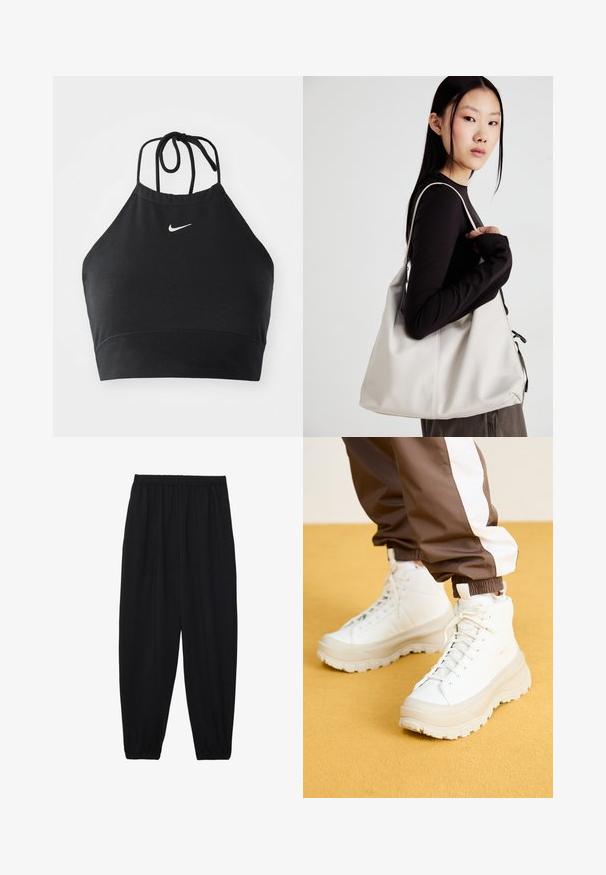 Fekete, pántos, crop top, rugalmas anyagból készült, diszkrét fehér Nike logóval, megkötős záródással és varrás nélküli kialakítással.; Fekete, könnyű nadrág elasztikus derékkal és ráncolt bokákkal. Az anyag sima és laza, szűkített dizájnnal rendelkezik.; Fehér, magasszárú sportcipők, vastag, texturált talppal, sima bőr felsőrésszel, kerek orral és azonos színű fűzőkkel, sárga háttér előtt.; Puha anyagból készült bézs kézitáska, laza dizájnnal, varrott részletekkel és két vállpánttal. Mindennapi használatra alkalmas.