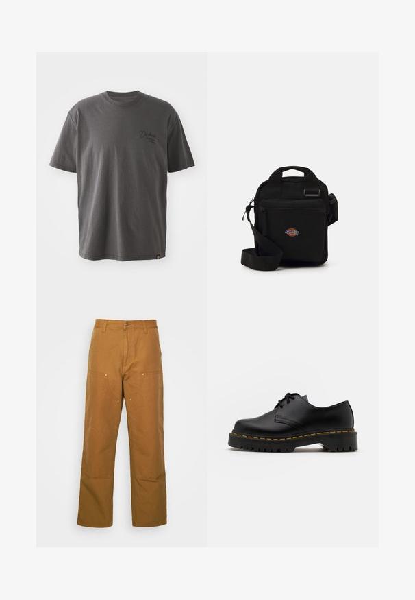 Pelēks īsām piedurknēm T-krekls, izgatavots no kokvilnas, ar apaļu kaklu, smalku logo uz krūtīm un brīvu piegriezumu ar vienkāršu faktūru.; Brūnas kokvilnas universālās bikses ar taisnu kāju dizainu, ar priekšējiem kabatām un metāla aksesuāriem, lai nodrošinātu papildu izturību.; Melnas ādas kurpes ar saistēm, noapaļota purngalu, ar teksturētu gumijas zoli un dzeltenu šuvju ap malu. Plakana forma un gluda apdare.; Melna pleca soma ar rāvējslēdzēja kabatu, taisnstūra forma, izgatavota no auduma, ar logotipa uzšuvi priekšpusē, regulējams plecu siksna.