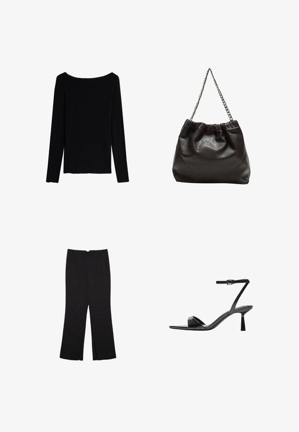 Intimissimi CHRISTMAS - Maglietta a manica lunga - black; Pantaloni neri a gamba dritta, con tasche frontali e spacchi laterali all'orlo. Realizzati in tessuto morbido e liscio. Adatti a diverse occasioni.; Bershka Sandali con tacco - black; Borsa in pelle marrone con parte superiore arricciata e tracolla a catena. Texture liscia con finitura lucida e dettagli di cucitura sottili sui lati.