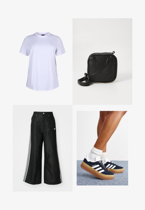 Hvid kortærmet T-shirt lavet af glat bomuldsstof. Har en rund halsudskæring og en afslappet pasform, uden synlige mønstre eller detaljer.; Sorte vide denim bukser med tre hvide striber på hver side og et lille hvidt logo. Indeholder forlommer og en knaplukning.; Sorte sneakers i ruskind med hvide striber og detaljer, rundet tå, ydersål i gummi, kombineret med hvide ribstrikkede crew sokker.; Sort kvadratisk crossbody taske lavet af tekstureret syntetisk materiale. Har et prægede logo design og justerbar strop. Lynlåslukning.