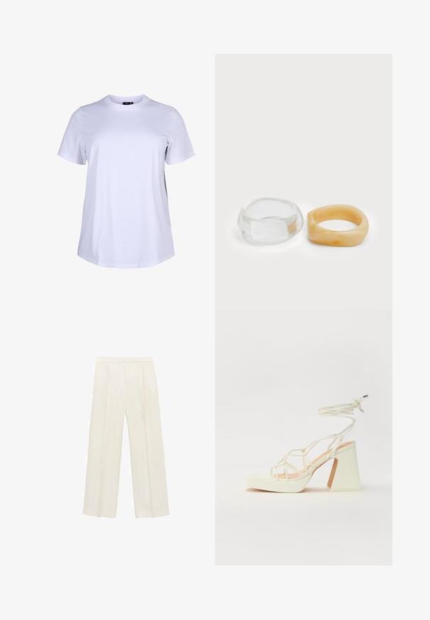 White short-sleeve T-shirt made of smooth cotton fabric. Features a crew neck and relaxed fit, with no visible patterns or accents.; Wide-legged trousers in a light cream color. Made from a smooth fabric with pleats at the front and side pockets.; White high-heeled sandal with a chunky heel, featuring a strappy design and ankle tie. Smooth texture with a platform front for added height.; Clear and amber resin rings, one smooth and transparent, the other with a textured, amber finish. Both feature rounded, chunky designs.