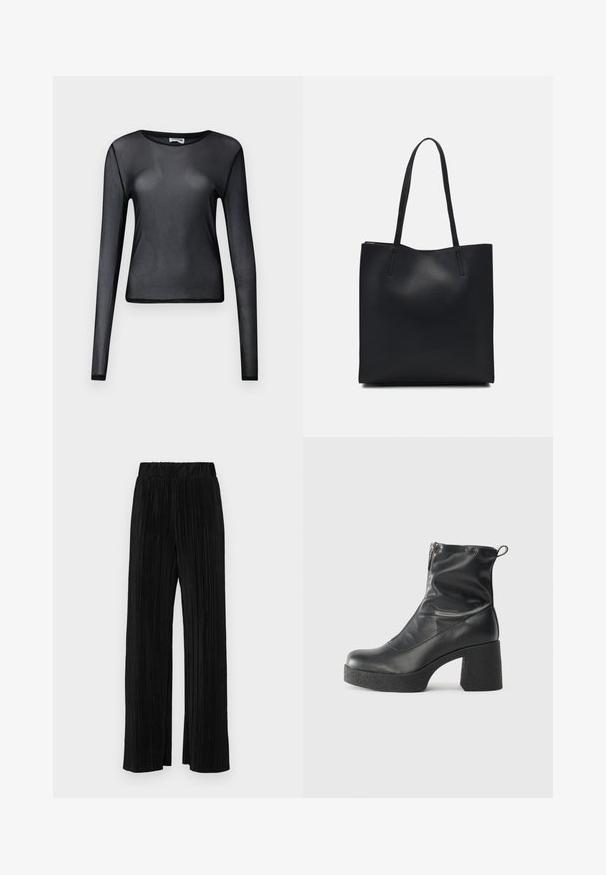 Črna dolga rokavična majica iz prosojnega materiala, z okroglim izrezom in slim fit krojem, z natančno obrobljenimi robovi.; Črne plisirane hlače z elastičnim pasom. Imajo široke noge in gladko, teksturirano tkanino z navpičnimi črtami.; Črne gležnjarje iz gladke kože z božnim zadrgo, masivnim teksturiranim peto in zaobljeno obliko prstov.; Črna usnjena torba s svilnato teksturo, pravokotne oblike in dvema dolgima ročajema. Brez vidnih metalnih delov ali okrasnih elementov.