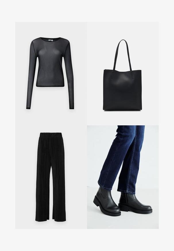 Melnas garas piedurknes blūze no caurspīdīga materiāla, ar apaļu kakla izgriezumu un šauru piegriezumu, ar smalkiem apdariem.; Melni plīšu bikses ar elastīgu jostu. Tām ir platākas kājas un gluda, teksturēta auduma ar vertikālām svītrām.; Melnas ādas potīšu zābaki ar masīvu zoli un sānu elastīgām daļām, kombinēti ar tumši ziliem džinsiem. Zeme ir gaišā krāsā.; Melnas ādas somiņa ar gludu tekstūru, taisnstūra formu un divām garām rokturiem. Nav redzamu aparatūras vai rotājumu.