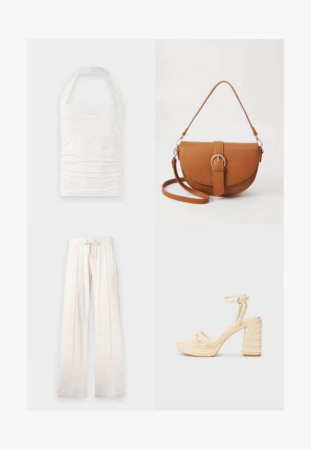 Haut halter blanc en tissu lisse et extensible, avec un design froncé à l'avant et de larges bretelles pour un soutien.; Pantalons de jogging beige clair en tissu doux, dotés d'une taille à cordon, de jambes larges et de coutures verticales, avec une texture lisse.; Sandales à talons beiges avec des brides, dotées d'une plateforme et d'un talon en jute tressé, avec une fine lanière à la cheville et une semelle intérieure lisse.; Sac bandoulière en cuir marron avec une forme incurvée, quincaillerie dorée et un accent en boucle. Comprend une bandoulière détachable.