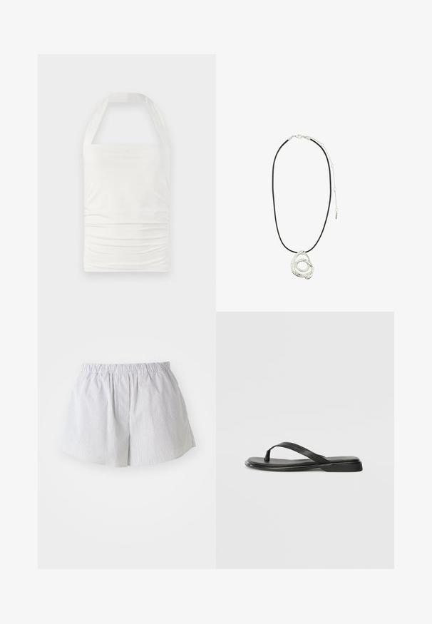 Balta halter top, izgatavots no gludas, elastīgas auduma, ar savilkta dizaina elementiem priekšpusē un platām siksnām atbalstam.; Svītraini šorti gaiši zilā un baltā kokvilnā, ar elastīgu jostu un brīvu piegriezumu, ar sānu atverēm ērtai kustībai.; Melni flip-flopi, kas izgatavoti no gludas ādas, ar plānu siksniņu dizainu un plakanu zoli ar minimālu profilu. Nav ievērojamu rakstu vai akcentu.; Pilgrim UNFOLD - Kaklarota - silver-coloured
