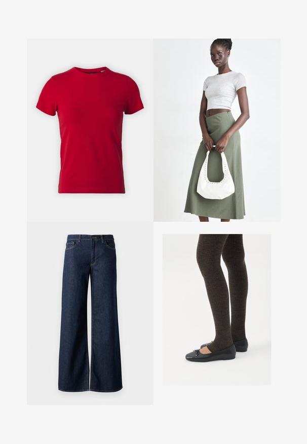 Camiseta de algodón roja con mangas cortas y cuello redondo. Textura suave, corte clásico, sin patrones visibles ni acentos de hardware.; Jeans de pierna ancha en denim azul oscuro. Presenta costuras en contraste, cinco bolsillos y un cierre de botón en la cintura. Textura suave.; Zapatos planos negros con un pequeño lazo en la punta, combinados con medias de punto en marrón oscuro. Los zapatos tienen una textura suave y un perfil bajo.; Top corto de canalé gris y falda de tiro alto verde oliva. La modelo sostiene un bolso de hombro blanco con detalles recortados. Diseño simple, silueta ajustada.