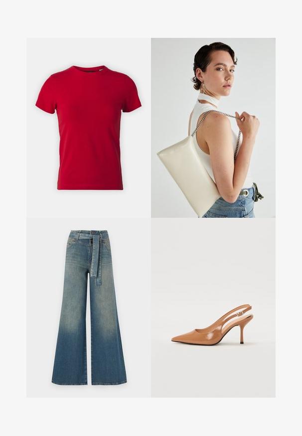 Raudona medvilninė marškinė su trumpomis rankovėmis ir apvalia iškirpte. Lygi tekstūra, klasikio kirpimo, be matomų raštų ar metalinių akcentų.; Platus džinsinis kelnes su šviesiai tamsiai mėlynu gradientu, aukštu juosmeniu, diržo kilpomis ir atitinkančiu audinio diržu. Textūruotas džinsinis paviršius.; Pailgų smailiu pirštu slingback kulnas, pagamintas iš lygaus, blizgaus rudos spalvos medžiagos. Yra kreivų išpjovimų dizainas ir lieknas stiletto kulnas. Sidabrinė sagtis.; Balta, stačiakampio formos rankinė pagaminta iš blizgaus medžiagos, su sidabriniu virvute. Modelis pozavo, demonstruodamas rankinę prieš paprastą foną.