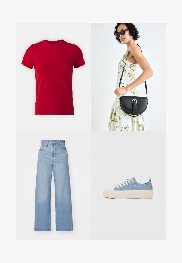 T-shirt de algodão vermelho com mangas curtas e gola redonda. Textura suave, corte clássico, sem padrões visíveis ou detalhes metálicos.; Jeans de cintura alta e perna larga em azul claro, com fecho frontal de botão e zíper, bolsos frontais e traseiros, sobre um fundo branco.; Ténis de lona azul claro com uma biqueira e sola de borracha creme, apresentando atacadores brancos e uma alça na parte de trás.; Bolsa de couro preta com forma curva, alça destacável e detalhes em dourado. A bolsa possui uma aba com detalhe de fivela.
