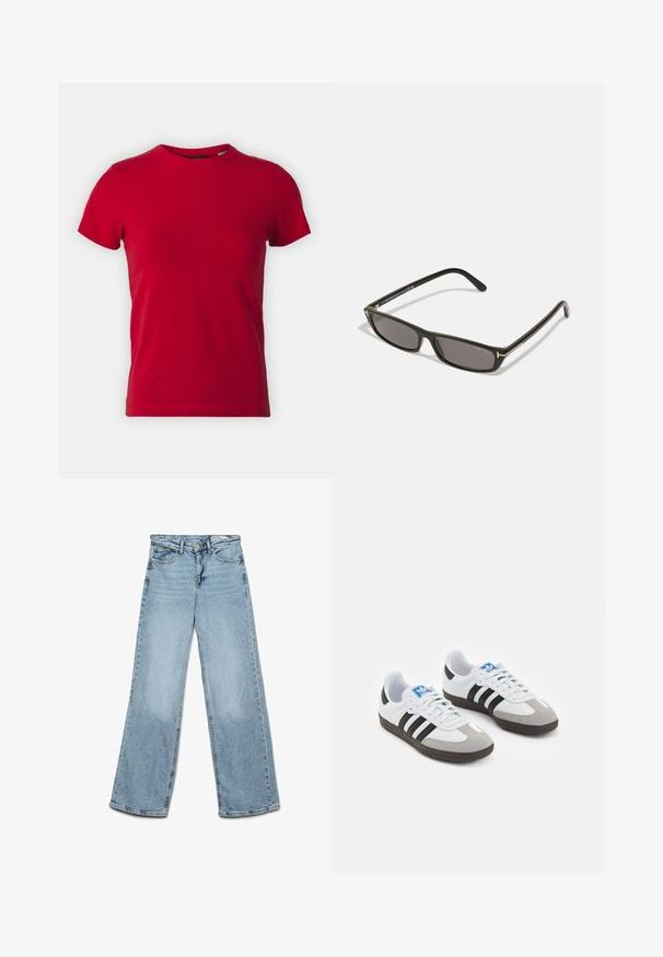 Raudona medvilninė marškinė su trumpomis rankovėmis ir apvalia iškirpte. Lygi tekstūra, klasikio kirpimo, be matomų raštų ar metalinių akcentų.; Šviesiai mėlynos plačios kojų džinsai, pagaminti iš džinsinio audinio, su klasikiniu penkių kišenių dizainu ir tiesiai kirpimu, su minimaliu blukimu ant kojų.; Sportiniai batai su balta odine viršutine dalimi, pilku zomšiniu priekiu ir trimis juodomis juostelėmis. Ant liežuvio yra mėlynas logotipas, o padas pagamintas iš tekstūruoto gumos.; Juodos stačiakampės saulės akinius su tamsiais objektyvais. Plastikinis rėmas su matinio paviršiaus apdaila. Auksiniai akcentai ant šonų ir logotipo ženklinimo.
