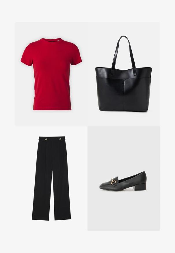 Punane puuvillane T-särk lühikeste varrukatega ja ümmarguse kaelusega. Sile tekstuur, klassikaline lõige, ilma nähtavate mustrite või metallist elementideta.; Mustad laiad püksid kõrge vöökoha ja nööpdetailidega vööandil, esikortsudega.; Mustad nahast loafers madala kontsaga, millel on esiküljel dekoratiivne kuldne detalj ja sile tekstuur.; Must mustaga musta nahast, millel on kaks pikka kanda, sile tekstuur ja struktureeritud kuju. Esipoolsel on lisakoti jaoks tasku.