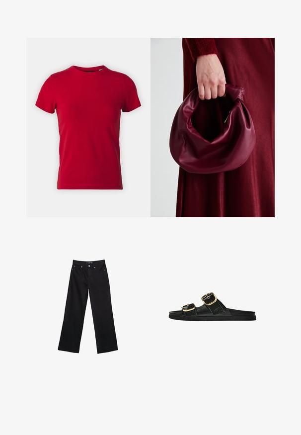 Punainen puuvillapaita, jossa on lyhyet hihat ja pyöreä kaula-aukko. Sileä rakenne, klassinen malli, ilman näkyviä kuvioita tai metalliosia.; Musta farkkutakki leveillä lahkeilla, joissa on korkea vyötärö, näkyvät saumat ja neljä taskua. Kankaan pinta on pehmeä ja sileä, ja siinä on vain vähän kiiltoa.; Musta liukusandaali, jossa on kaksi kultaisesta solkesta tehtyä korostusta, sileäpintainen materiaali, litteä pohja ja minimalistinen muotoilu.; Burgundy-nahkakäsilaukku, jossa on pehmeä, ryppyinen muotoilu ja pyöreä muoto. Kahva on kiinnitetty tukevasti, ja siinä on sileä pinta.