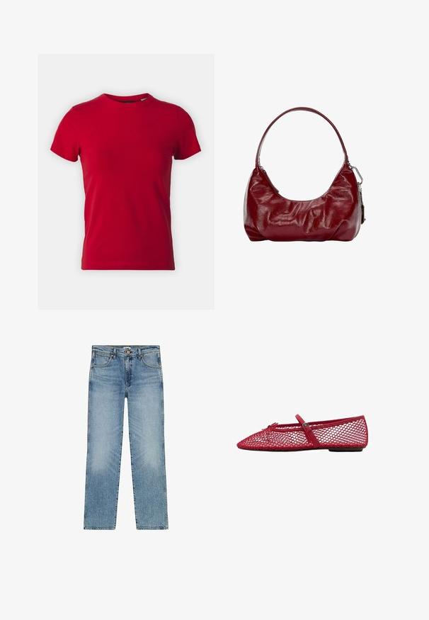 Rød bomulds t-shirt med korte ærmer og rund hals. Glat tekstur, klassisk pasform, ingen synlige mønstre eller hardware-detaljer.; Lyseblå denimjeans med lige ben-design, der har fem lommer, en knappelukning og diskret falmning på fronten.; Røde mesh balletflade med spids tå, der har en tynd rem og spænde detalje. Overdelen har et åbent, honningkombinationsmønster.; Bordeaux skuldertaske lavet af glat materiale, med en buet form og rynket tekstur. En kort håndtag og synlig lynlåslukning er til stede.