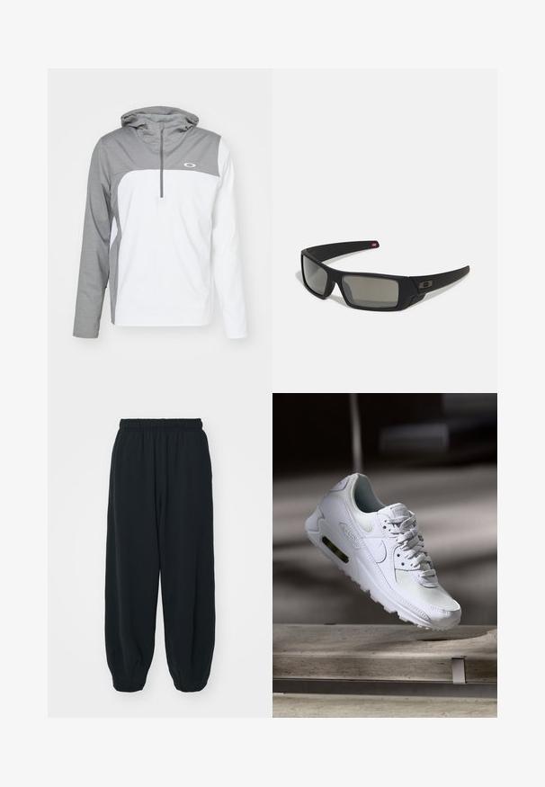 Ľahká pulóverová bunda s šedou hornou časťou, bielou dolnou časťou a zipsovým golierom. Má kapucňu a logo na hrudi.; Čierne tepláky s elastickým pásom, vo voľnom strihu, s manžetami na členkoch, hladkej textúry a bez viditeľných vzorov alebo kovových doplnkov.; Biele tenisky Nike Air Max 90 s vrchnou časťou z kože a sieťoviny, perforovanou špičkou a viditeľnou vzduchovou jednotkou v päte.; Čierne slnečné okuliare s matným povrchom, obdĺžnikové šošovky, mierna krivka na straničkách, nenápadný detail loga a šošovky so zafírovaným tónovaním.