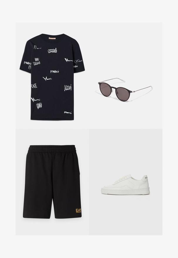 Must värvi lühikeste varrukatega T-särk, millel on hajutatud valge tekst, logode kujundused ja erinevad käekirjad üle kogu kanga.; Mustad mustad lühikesed püksid, mis on valmistatud pehmest kangast. Omavad elastset vöökohta ja väikest kollast EA7 logo vasakul jalal.; Valge nahast tennis, millel on sile põhi, ümar varvas, lamedad nöörid ja tekstuuriline tall. Sisaldab diskreetset logo kontsaribal.; Mustad mustad prillid tumedate läätsedega ja õhukeste metallist käepidemetega. Kaarja kujuga seljaosa ja hõbedased aktsendid hingel. Minimalistlik disain.