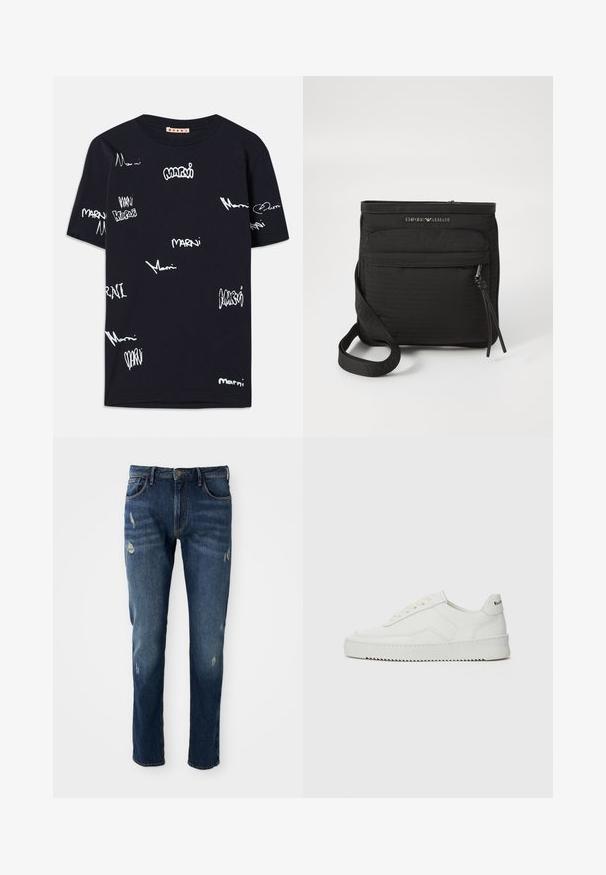Sort kortærmet t-shirt med spredt hvid tekst, logodesign og varierende håndskriftsstile over stoffet.; Mørkeblå denimjeans med slim fit, let slid på lår og knæ, klassisk fem-lomme design og knaplukning.; Hvide lædersneakers med en glat overflade, rund tå, flade snørebånd og en tekstureret sål. Har et diskret logo på hælen.; Sort Emporio Armani crossover taske med frontlomme med lynlås, justerbar rem og logodetalje på tekstureret stof.