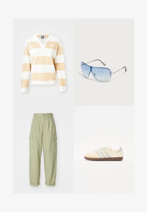 Langarm poloshirt in wit met lichtbruine strepen. Voorzien van een kraag, zachte stof en een klein logo op de linkerborst.; Lichtgroene cargobroek gemaakt van katoen. Heeft een hoge taille, opgerolde mouwen en twee zijvakken voor extra functionaliteit.; Sneakers met een crèmekleurig leren bovenwerk, lichtblauwe strepen en perzikkleurige accenten. Beschikt over een getextureerde bruine rubberen zool en een minimalistisch ontwerp.; Aviator zonnebril met een gradient blauwe lens, zilveren metalen frame en decoratieve sterrenaccenten op de lens. Glad en strak ontwerp.