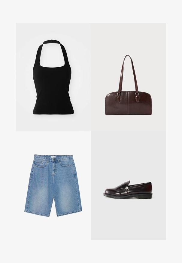 Black halter top made of stretchy fabric, featuring a square neckline and a minimalist design without embellishments or patterns.; Denim shorts in light blue with a straight cut, five-pocket design, and contrast stitching. Features a button and zipper closure.; Burgundy leather loafers with a smooth surface, a raised seam detail, and a rubber sole. Designed with a rounded toe and minimal hardware.; Brown leather handbag with two long handles, a structured rectangular shape, smooth texture, and rounded edges. Features accent details at the handles.
