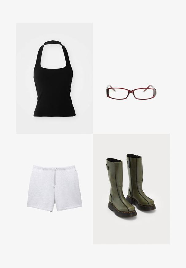 Fekete, pánt nélküli top rugalmas anyagból, négyzet alakú nyakkivágással és minimalista dizájnnal, díszítések vagy minták nélkül.; Fény szürke pamut rövidnadrág, rugalmas derékkal és zsinórral. Puha tapintású, egyenes vonalú, látható minták nélkül.; Olívazöld, félvárig érő bőr csizmák fekete vastag talppal és narancssárga varrással, oldalsó cipzárral és pántos részletekkel a hátsó felső részen.; Vörös téglalap alakú szemüveg, amelynek elegáns kivitele van. Átlátszó lencsék, enyhén áttetsző szárak, és vörösből szürkébe átmenő színátmenet.