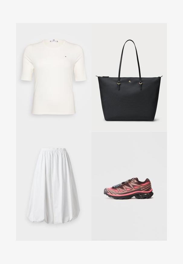 T-shirt de manga curta, com nervuras, na cor creme, com um pequeno logótipo no lado esquerdo do peito. Design casual e ajustado, adequado para várias ocasiões.; Saia branca, até aos joelhos, com cintura elástica e formato balão. Feita de um tecido leve com uma textura suave.; Shoe de trail running com um design em degradê castanho e rosa, apresentando um acabamento texturizado, sola preta e um sistema de atacadores único.; Saco tote preto com uma superfície texturizada, fecho com zíper e duas alças de couro. Apresenta detalhes em dourado e um logotipo discreto na parte da frente.