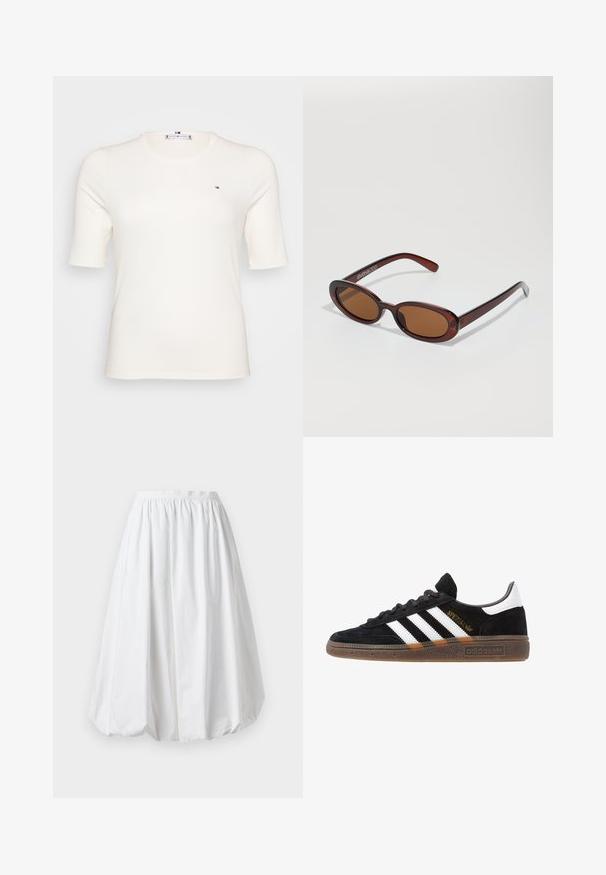Rebrasti, kratki rukavi, majica boje kreme s malim logom na lijevoj strani grudi. Ležeran, krojen dizajn prikladan za razne prilike.; Bjela suknja do koljena s elastičnim pojasom i balonskim oblikom. Izrađena od lagane tkanine s glatkom teksturom.; Crni Adidas tenisice s bijelim prugama, zlatnim natpisom "Spezial", gumeni potplat i bijeli oznaka na peti, prikazane u bočnom pogledu.; Okvir okruglih, smeđkastih sunčanih naočala s sjajnim burgundskim okvirom. Uski nositelji s suptilnim brendiranjem. Ravna leća.; Tkana torba od trske s pletenom teksturom, tamnosmeđi kožni drška i dno, široki kružni oblik i otvoreni gornji dizajn.