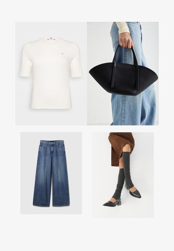 Ribbed, lyhythihainen, kermavärinen t-paita, jossa on pieni logo vasemmassa rinnassa. Vapaa-ajan, istuva muotoilu, sopii eri tilaisuuksiin.; Vaaleansiniset, leveälahkeiset farkut, joissa on haalistunut viimeistely. Ne sisältävät napin ja vetskarin, viisi taskua sekä vyölenkit.; Musta lakattu nahkakengät teräväkärkisillä, leveällä kantapäällä ja nilkkahihnalla, yhdistettynä harmaisiin ribattuihin säärystimiin ja ruskeaan mokkasiinimekkoon.; Musta nahkainen käsilaukku, jossa on ainutlaatuinen tuulihattukuvio, jossa on litteät kahvat. Pinnassa on karkeapintainen rakenne ja minimalistinen muotoilu.