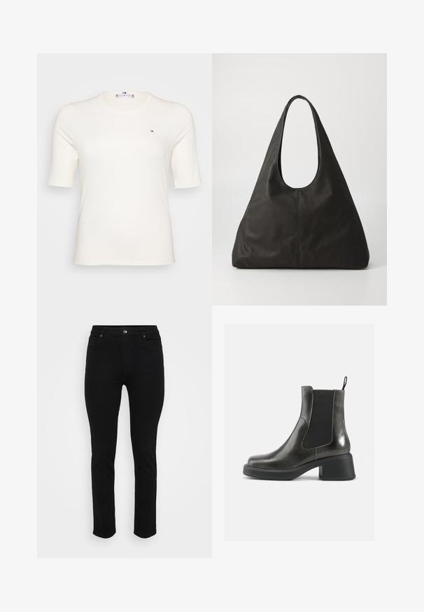 Ribbed, lyhythihainen, kermavärinen t-paita, jossa on pieni logo vasemmassa rinnassa. Vapaa-ajan, istuva muotoilu, sopii eri tilaisuuksiin.; Mustat farkut, joissa on kapea malli, viisi taskua, etupainike ja hieman joustoa mukavuutta varten. Tasainen, sileä pinta, jossa on minimaalinen yksityiskohtaisuus.; Musta nahkakenkä nilkkamitoilla, joissa on sileä pinta, joustavat sivupaneelit ja paksu korko. Varustettu vetoketjulla helpompaa pukemista varten.; Mustat nahkainen olkalaukku, jossa on kaareva kahva, pitkänomainen kolmion muotoinen rakenne ja sileä tekstuuri. Minimalistinen muotoilu, ei näkyviä metalliosia.; Hopeakauppaketju, jossa on aaltoileva, veistoksellinen muotoilu ja kiiltävä pinta, esittelee epäsäännöllisiä muotoja, korostaen nykyaikaista estetiikkaa.