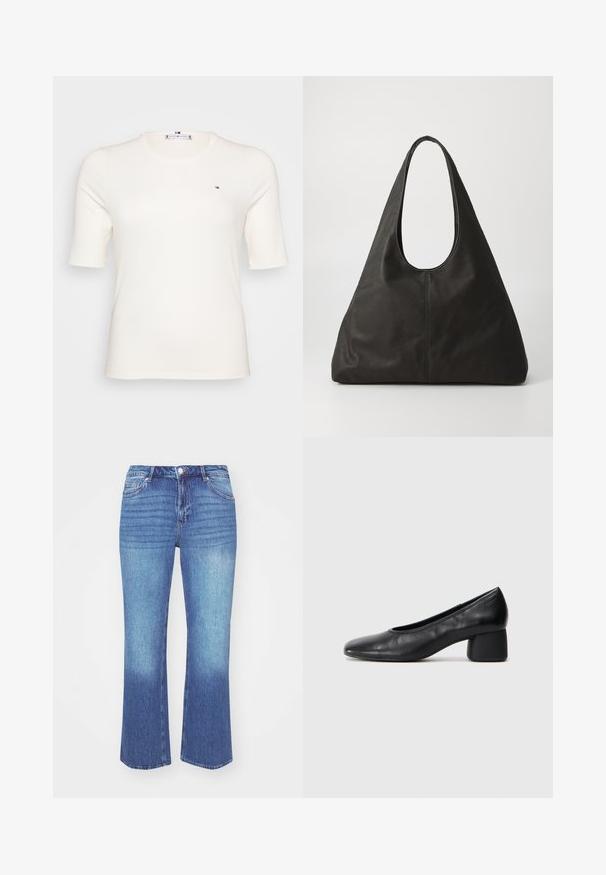 Rebrasti, kratki rukavi, majica boje kreme s malim logom na lijevoj strani grudi. Ležeran, krojen dizajn prikladan za razne prilike.; Traperice u svijetlo do srednje plavom gradijentu. Imaju ravni kroj, pet džepova i šivane detalje oko šavova.; Crna kožna pumpica s okruglim vrhom i srednje blok petom. Glatka tekstura s minimalnim detaljima, s suptilnim elastičnim otvaranjem.; Crna kožna torba s okruglom drškom, izduženog trokutastog oblika i glatke teksture. Ima minimalistički dizajn bez vidljivih metalnih dijelova.