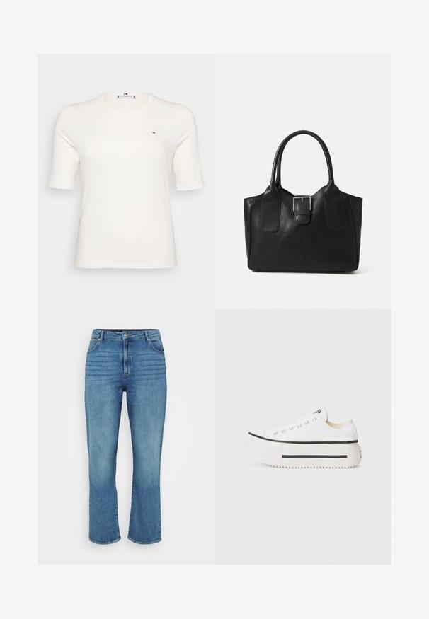Ribana, kratka majica s kratkimi rokavi v kremni barvi z majhnim logotipom na levi strani prsnega dela. Priložnostna, prilegajoča se zasnova primerna za različne priložnosti.; Svijetloplave traperice ravnog kroja, s pet džepova, petljama za pojas i blagim izbljedjivanjem sprijeda.; Beli platvormski tenisi iz platna z črnim gumijastim čevljem, okrogla konica in kovinske luknje, ki se ponašajo s preprostim, čistim dizajnom.; Črna usnjena torba s gladko teksturo, strukturirano obliko, dvema ročkama in izrazitim srebrnim sponko na sprednji strani.