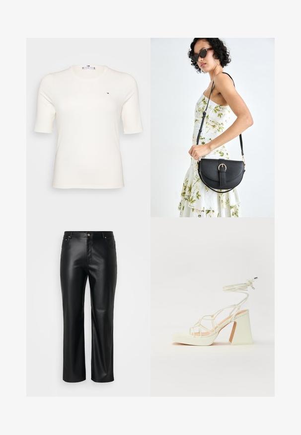 T-shirt de manga curta, com nervuras, na cor creme, com um pequeno logótipo no lado esquerdo do peito. Design casual e ajustado, adequado para várias ocasiões.; Calças de imitação de pele pretas com corte retificado, apresentando passantes para cinto, bolsos frontais e um fecho com zíper e botão. Textura suave.; Sandálias brancas de salto alto com um salto robusto, apresentando um design com tiras e amarração no tornozelo. Textura suave com uma plataforma na frente para altura adicional.; Bolsa de couro preta com forma curva, alça destacável e detalhes em dourado. A bolsa possui uma aba com detalhe de fivela.