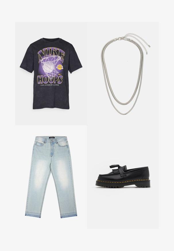 Juoda medvilninė marškinėliai su dideliu violetiniu ir geltonu "NIKE HOOPS" grafiniu vaizdu, su krepšinio ir krepšinio tinklo dizainu, įtrauktas Los Andželo Lakers logotipas.; Pegador BARROW - Laisvi džinsai - sand washed blue; Juodas odinis loaferis su kutais, turintis masyvų juodą pado ir geltonus siūlus palei kraštą. Textūruota danga.; Trijų sluoksnių sidabrinė metalinė apyrankė, kuri pasižymi stilingomis, lankstosiomis grandinėlėmis su švelniu blizgesiu, užsegama krabų užsegimu ir reguliuojama grandinė.