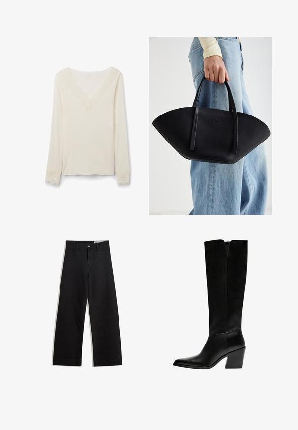 Krémový top s dlouhým rukávem a véčkovým výstřihem, s jemnou krajkovou čelenkou kolem krku a krajkovými detaily na manžetách. Měkká struktura látky.; Černé denimové kalhoty s volným střihem a vysokým pasem, vybavené předními a zadními kapsami, prošívanými švy a knoflíkovým zapínáním. Hladká textura.; Černé kozačky po kolena vyrobené z hladké kůže, s špičatou špičkou, blokovým podpatkem a výřezem ve tvaru V na vrchu.; Černá kožená kabelka s jedinečným tvarováním ve tvaru vějíře, vybavená plochými uchy. Povrch má jemně zrnitou texturu a minimalistický design.