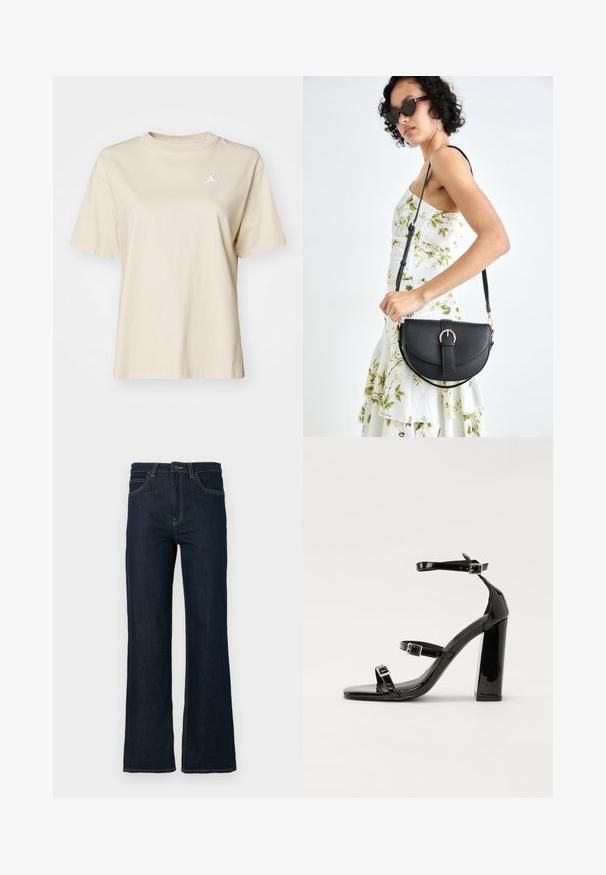 Jordan TEE - Basic T-shirt - legend light brown/sail; Dark blue straight-leg denim jeans with front pockets, belt loops, and a button closure at the waistband against a white background.; Black patent heeled sandals with a square toe, ankle straps, and silver buckles. Features a chunky block heel for stability.; Black leather handbag with a curved shape, detachable strap, and gold hardware. The bag features a flap with a buckle detail.