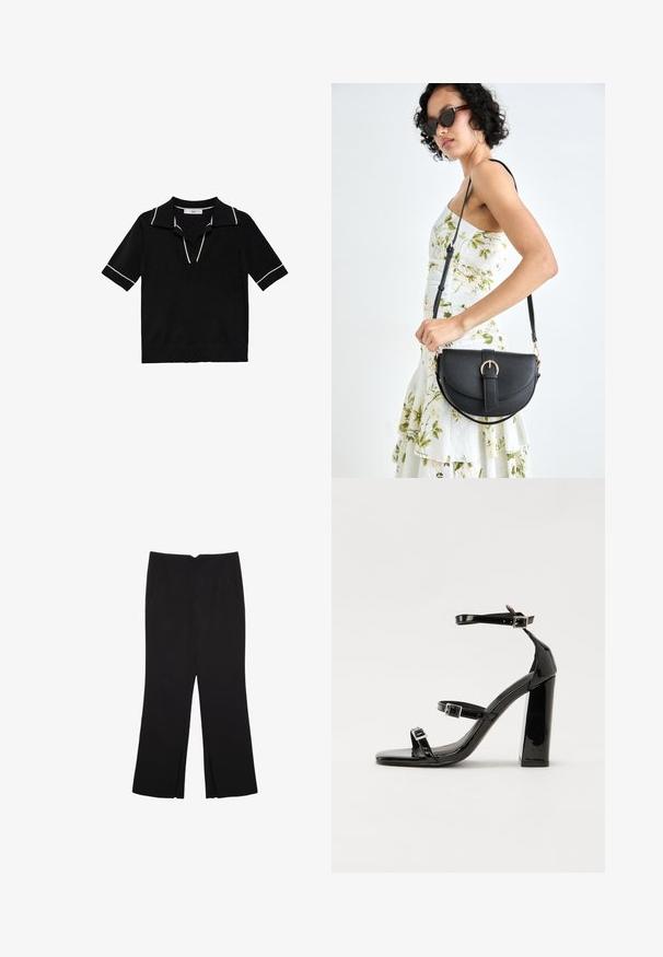 Čierny pletený polo tričko s golierom, krátkymi rukávmi a bielymi lemami pozdĺž goliera a rukávov.; Čierne nohavice so strihom rovného strihu, s prednými vreckami a bočnými rozparkami na leme. Vyrobené z mäkkej, hladkej tkaniny. Vhodné na rôzne príležitosti.; Čierne lakované sandále na podpätku so štvorcovou špičkou, navlečenými remienkami okolo členku a striebornými prackami. Disponujú masívnym blokovým podpätkom pre stabilitu.; Čierna kožená kabelka s zaobleným tvarom, odnímateľným popruhom a zlatými doplnkami. Kabelka má klopu s detailom s prackou.