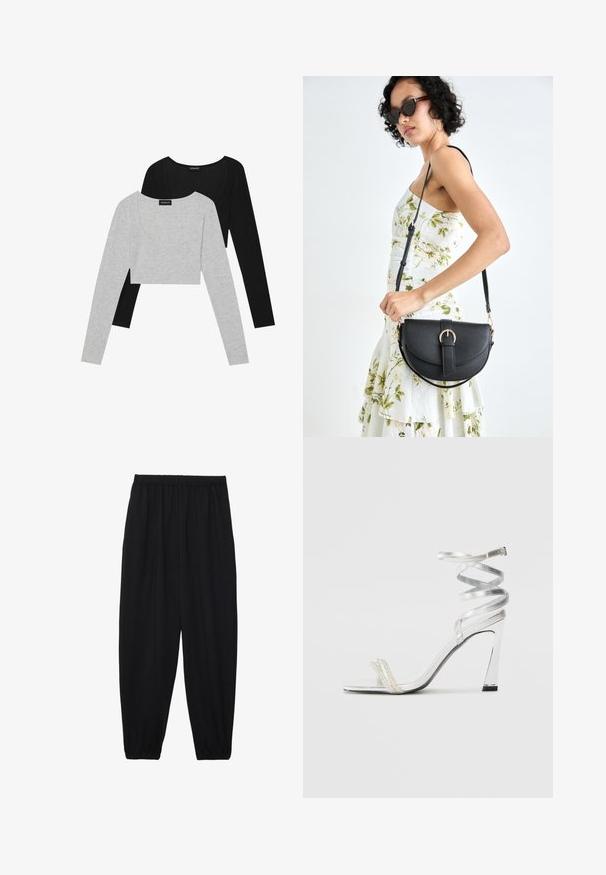 Garās piedurknes krūšturi melnā un gaiši pelēkā krāsā. Mīksta auduma ar apaļu kakla izgriezumu. Katram krūšturim ir garas piedurknes un pieguļoša forma.; Melnas, vieglas bikses ar elastīgu jostu un savilktiem potītiem. Audums ir gluds un to raksturo brīva, sašaurināta forma.; Sudrabaini augstpapēžu sūna ar spīdīgu siksnu dizainu, kurā ir pērlēm līdzīgs akcents un spirālveida potītes siksna drošai pieguvei.; Melnas ādas rokassoma ar izliekta formu, noņemamu siksnu un zelta aksesuāriem. Somai ir vāciņš ar sprādzes detaļu.