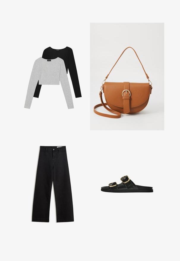 Pitkähihaiset crop-topit mustana ja vaaleanharmaana. Pehmeä kangas ja alaspäin avautuva kaula-aukko. Jokaisessa topissa on pitkät hihat ja tiukka muotoilu.; Mustat leveät farkut korkealla vyötäröllä, joissa on etu- ja takataskut, ommellut saumat ja nappisuljenta. Silkinoinen rakenne.; Musta liukusandaali, jossa on kaksi kultaisesta solkesta tehtyä korostusta, sileäpintainen materiaali, litteä pohja ja minimalistinen muotoilu.; Ruskean nahkainen olkalaukku, jossa on kaareva muoto, kultaiset yksityiskohdat ja solkiyksityiskohta. Varustettu irrotettavalla olkahihnalla.