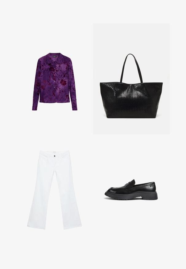 Camicia a maniche lunghe viola con un motivo floreale in tonalità più scure. Realizzata in tessuto morbido, presenta un'apertura frontale con bottoni e un design con colletto classico.; Jeans bianchi a zampa d'elefante realizzati in denim, con un davanti piatto caratterizzato da cuciture distintive, due tasche frontali e un singolo bottone nero in vita.; Mocassino in pelle nera con suola in gomma spessa, fascia per monete e punta arrotondata, mostrato in profilo laterale su sfondo bianco.; Borsa tote nera intrecciata con due manici robusti, caratterizzata da una texture lucida e un ampio design a apertura aperta.