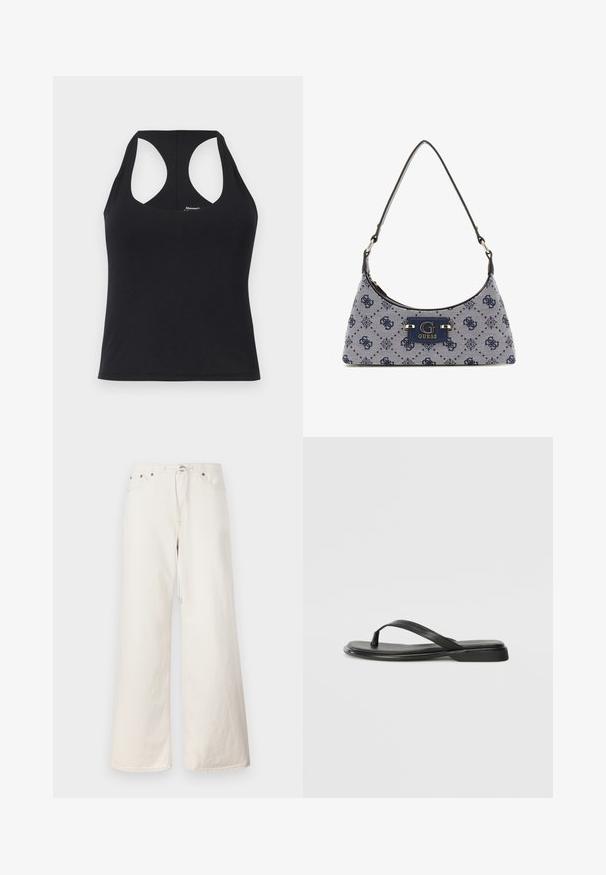 Canotta nera realizzata in tessuto liscio ed elastico, con scollatura a barca e design a schiena scoperta. Presenta un orlo dritto e una marcatura minimale.; Pantaloni in denim bianchi a gamba larga con vita regolabile tramite cordoncino, tasche frontali e dettagli di cucitura discreti. Realizzati in robusto cotone.; Infradito neri in pelle liscia, con un design a fascia sottile e una suola piatta dal profilo minimale. Nessun motivo o accento particolare.; Borsa a tracolla in stile hobo in tessuto blu navy con un motivo a diamante, dotata di una placca con logo e di una tracolla liscia. Superficie texturizzata.