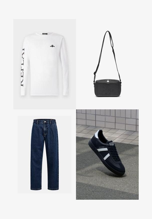 Vit långärmad T-shirt i bomull, med en svart logotyp på bröstet och "REPLAY" tryckt vertikalt längs vänster ärm.; Mörkblå denimjeans med rak bendesign. Har synliga sömmar, knappstängning och framträdande veck för extra detalj.; Svart lädersneaker med vita ränder, texturerad gummisul, och snörning fram. Har en märkesskylt på tungan.; Svart läder crossbody-väska med dragkedjestängning, präglad logga på framsidan och justerbar rem. Slät textur med rektangulär form.