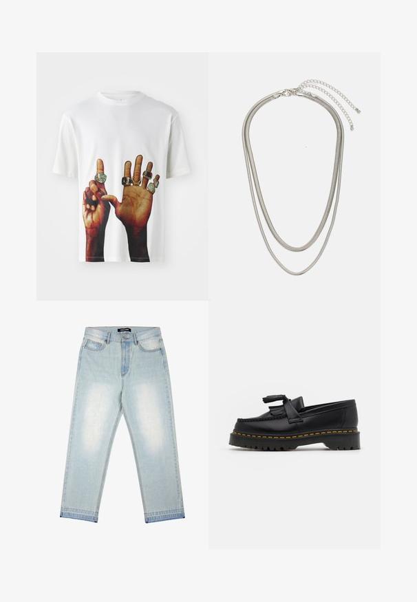 Jordan JORDAN FLIGHT MVP - Trükipildiga T-särk - sail black; Pegador BARROW - Loose fit teksad - sand washed blue; Mustmust musta loafer, millel on frantsiisi aktsent, paks must tald ja kollane õmblus servas. Tekstuuriga viimistlus.; Kolmekihiline hõbedane metallkaelakee, mis on valmistatud peentest, paindlikest kettidest kerge läikega, kinnitatud krabi sulguri ja reguleeritava ketiga.