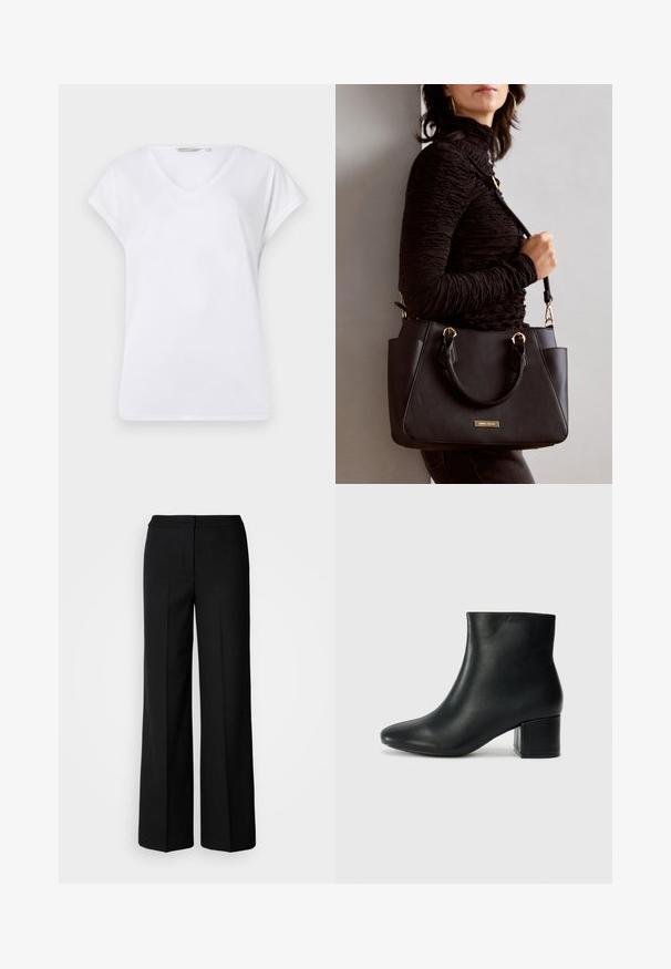 White V-neck T-shirt with short, rolled sleeves, made from smooth fabric. Features a relaxed fit and a simple design without patterns or accents.; Black wide-leg trousers with a smooth fabric, featuring a high waist, tailored seams, and a minimalist design. No visible hardware or pockets.; Black leather ankle boots with a pointed toe and a chunky heel. Smooth texture with minimal accents and a sleek, fitted design.; Black handbag with textured surface, dual top handles, and adjustable shoulder strap. Features gold-tone hardware and side pockets.